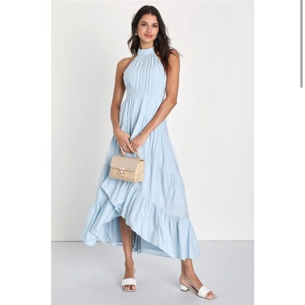Lulus Breezy radiance light blue tiered halter high low dress, size small